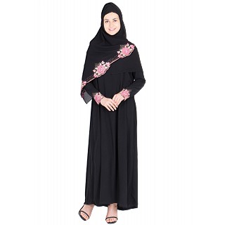 Nida abaya- pink and peach colored flower design work